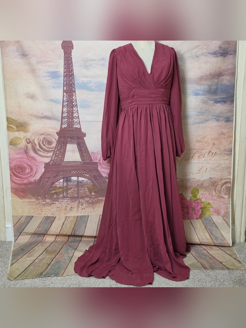 Elegant V-Neck Long Sleeve Maxi Dress in Dusty Rose Size S